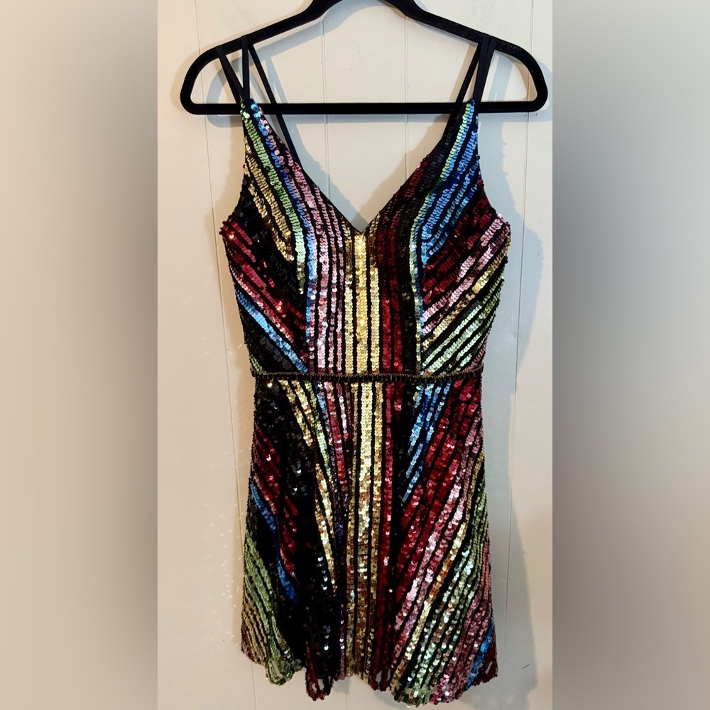 JVN by Jovani Multi Sequin V Neck Fit and Flare Short Dress JVN2540 - Picture 3 of 16